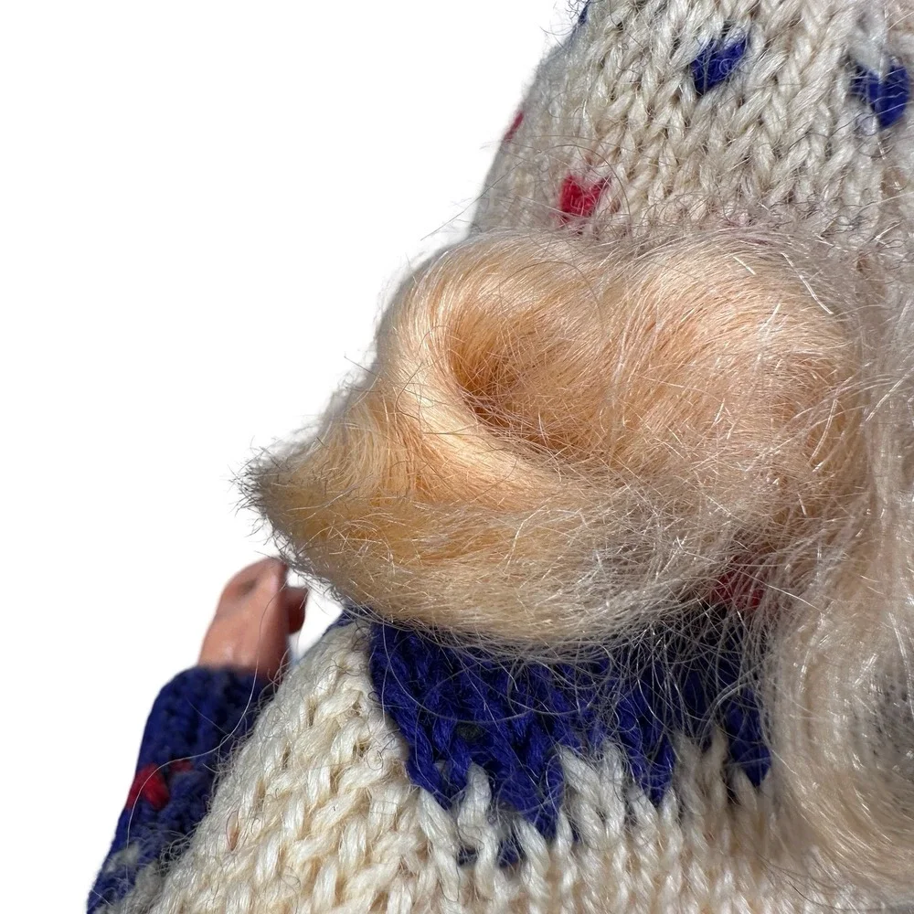 Vintage Scandanavian Handcrafted Skier Doll Wooden Skis Poles Knit Sweater 10